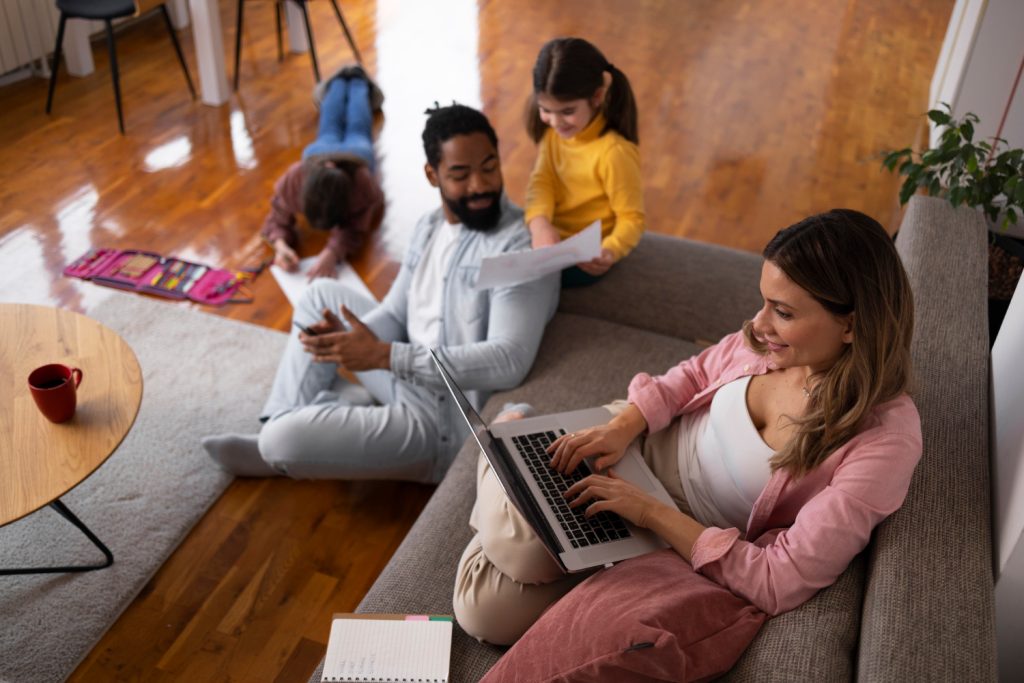 high-angle-family-spending-time-home